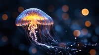 Luminescent jellyfish floating in dark waters with glowing orange bokeh lights creating magical underwater atmosphere. Bioluminescent tentacles trail gracefully.