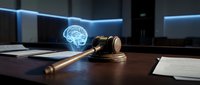 Wooden gavel on desk with glowing brain hologram in modern courtroom representing artificial intelligence in legal technology and jurisprudence.