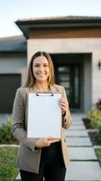 Smiling Caucasian female real estate agent holding blank clipboard in front of modern house, ready for property listing or contract signing.