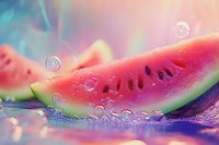 Juicy watermelon slice with seeds in water splash against colorful pastel background, refreshing summer fruit concept for food advertising.
