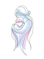 Tender mother holding newborn baby in loving embrace with flowing hair and soft pastel colors on white background for maternal care designs.