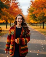 Young woman in colorful autumn cardigan walking through park with vibrant fall foliage, warm seasonal fashion portrait for lifestyle content.