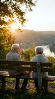 Senior couple sitting on wooden bench enjoying sunset view over mountains and lake during golden hour retirement lifestyle moment.
