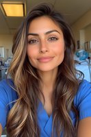 Young female healthcare worker with long wavy brown ombre hair wearing blue medical scrubs smiles warmly at camera in hospital setting. Natural makeup and professional appearance.