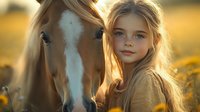 Young girl with long blonde hair in beige sweater poses with brown horse during golden sunset, close-up portrait with soft natural backlight and wildflowers.