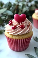 Valentine cupcake with pink frosting, red heart topper and cranberries on white surface with eucalyptus leaves for romantic celebration and love themed desserts.