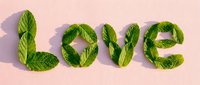 Word love made of fresh green mint leaves arranged on a soft pink background, creative flat lay concept for valentines day or nature themes.