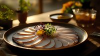 Fresh sliced raw fish sashimi arranged in fan pattern on ceramic plate with garnish and natural lighting, moody restaurant atmosphere for food photography.