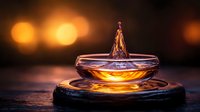 Water drop splash creating crown shape in glass dish with golden liquid against dark background with bokeh lights, dramatic macro photography.