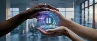 Hands protecting glowing pause button hologram in modern office space representing digital control and technology management for business applications.