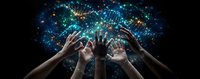 Diverse hands reaching toward glowing digital network connections with data particles and light effects on dark background for technology concepts.