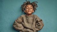 Young African American boy with dreadlocks wearing oversized knit sweater smiling joyfully against turquoise wall background for lifestyle and fashion concepts.