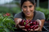 Hispanic woman farmer holding fresh harvested red chili peppers in hands, smiling at camera while working in organic vegetable garden. Sustainable agriculture concept.