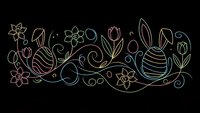 Easter spring floral border with bunny, eggs and flowers in golden line art style on black background for holiday greeting cards and decorations.