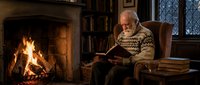 Senior Caucasian man with white beard reading book in cozy library armchair by warm fireplace. Elderly gentleman enjoying literature in home study room.