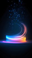 Glowing abstract spiral light trail with blue and pink neon colors against dark background, floating particles create magical atmosphere for design projects.