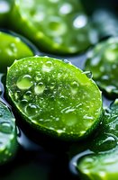 Fresh cut lime with water drops in macro view showing juicy green flesh and natural moisture on dark background. Suitable for beverage and food industry.
