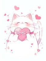 Adorable white kitten holding pink heart-shaped box with bow, surrounded by floating hearts and stars on white background, kawaii style illustration.