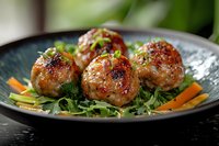 Juicy grilled meatballs garnished with fresh herbs and sesame seeds, served on bed of arugula with julienned carrots on dark ceramic plate.