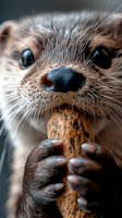 Close-up macro shot of an Asian small-clawed otter holding and eating a cookie, showing detailed whiskers, wet nose, and expressive blue eyes against blurred background.