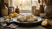 Freshly baked lemon crinkle cookies on rustic plate with citrus fruits in warm sunlit kitchen setting for food photography and culinary content.