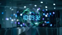 Futuristic digital clock displaying time with glowing holographic sphere and network connections in modern tech environment with bokeh lights.