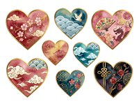 Ornate heart-shaped designs featuring Asian-inspired patterns with floral motifs, birds, waves, and traditional decorative elements in gold, red, teal, and pink tones. Isolated clipart for crafts.