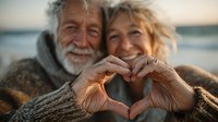 Happy senior couple making heart shape with hands on beach during golden hour sunset, expressing love and togetherness in retirement lifestyle.