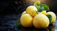 Fresh yellow lemons with water drops and green leaves on dark background with copy space, macro food photography in moody lighting style.
