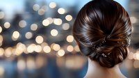 Elegant low bun hairstyle with decorative pins shown from behind against blurred bokeh lights background, showcasing professional wedding or prom styling technique.