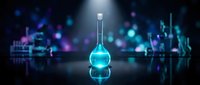 Glowing blue chemical solution in laboratory flask with bokeh lights background for scientific research and experimentation concepts.