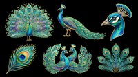 Six ornate peacock clipart elements isolated on transparent background, ready for t-shirt design, stickers, sublimation, and print on demand projects.