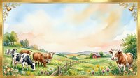 Cattle grazing in pastoral countryside landscape with rolling hills, wooden fences, and golden decorative border frame, suitable for farm and agriculture designs.