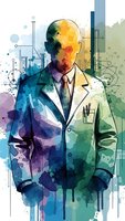 Watercolor scientist in lab coat with colorful paint splashes and laboratory equipment background for medical research and innovation concepts.