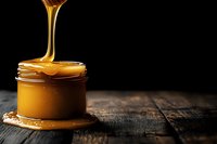 Golden honey dripping from spoon into glass jar on rustic wooden table against dark background for culinary and natural food concepts.