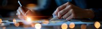 Close-up of hands signing business document with blurred bokeh lights in dark office setting, creating atmospheric professional environment. Selective focus.