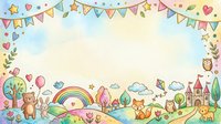 Whimsical children's illustration featuring rainbow, castle, teddy bear, and woodland creatures in pastel watercolor style with decorative bunting and hearts for nursery or storybook design.