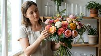 Young Caucasian female florist arranging colorful mixed flower bouquet with roses and dahlias in bright workshop studio for wedding or special occasion.