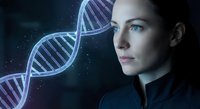Young Caucasian woman scientist with DNA helix structure in futuristic biotechnology research concept for genetic engineering and medical innovation.