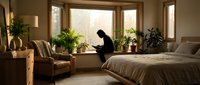 Woman in dark clothing sitting on windowsill in modern bedroom with plants, natural light, and contemporary furniture for home design and lifestyle content.