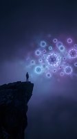 Silhouette of person standing on cliff edge facing glowing virus particles in purple night sky representing pandemic challenges and resilience.