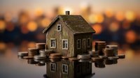 Miniature wooden house model surrounded by stacked coins on reflective surface with warm bokeh lights background representing real estate investment concept.