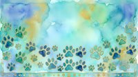 Watercolor paw prints in blue, green, and gold tones on soft pastel background. Isolated design element suitable for pet-related projects, greeting cards, and fabric prints.