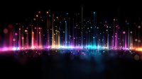 Vibrant glowing light beams rising from dark horizon with colorful bokeh particles and lens flares creating magical aurora effect for background design.