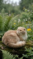 Curious cream-colored Scottish Fold cat with folded ears observing a butterfly on yellow flower among ferns and wildflowers in lush garden setting.