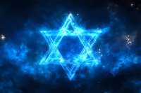 Glowing blue Star of David symbol against cosmic nebula background, representing Jewish faith and spirituality in mystical space setting.