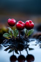 Fresh red berries with water drops growing from dark soil, reflected in water surface. Moody nature macro photography with shallow depth of field.