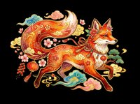 Vibrant Chinese folk art fox with floral patterns, lanterns, and clouds, isolated on transparent background. Great for t-shirts, stickers, print on demand, sublimation.
