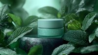 Green cosmetic cream jar on dark stone podium surrounded by fresh mint leaves and water drops, natural skincare product photography for beauty brands.