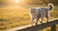 Fluffy gray kitten walking on wooden fence during golden hour sunset with autumn leaves falling around creating warm atmospheric lighting for pet photography.